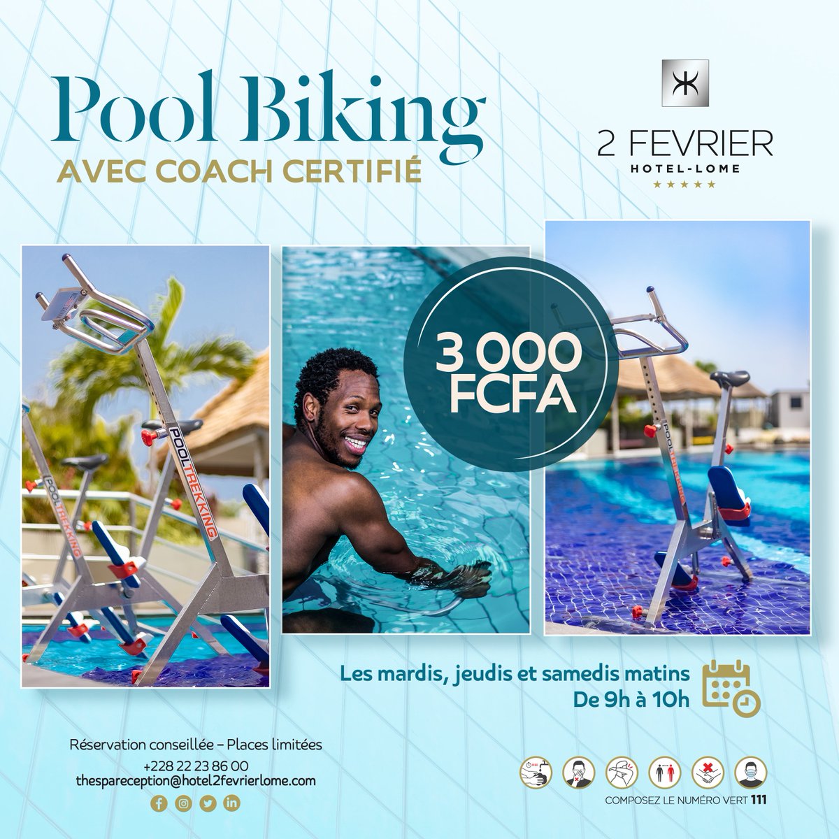 Hotel2Fevrier's tweet image. Entretenez votre santé dans le luxueux cadre de l’hôtel 2 Février en souscrivant au Pool Biking. Tous les mardis, jeudis et samedis matin de 09h à 10h
 
Réservez votre place via le lien suivant : bit.ly/3uxQLv9 ! 

#poolbiking