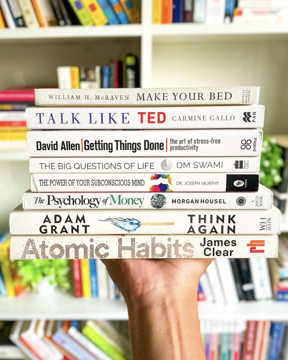 librarymindset's tweet image. 8 Books To Read In 2022

1)Make Your Bed
2)Talk Like Ted
3)Getting Things Done
4)The Big Questions of Life
5)The Power of Your Subconscious Mind
6)The Psychology of Money
7)Think Again 
8)Atomic Habits