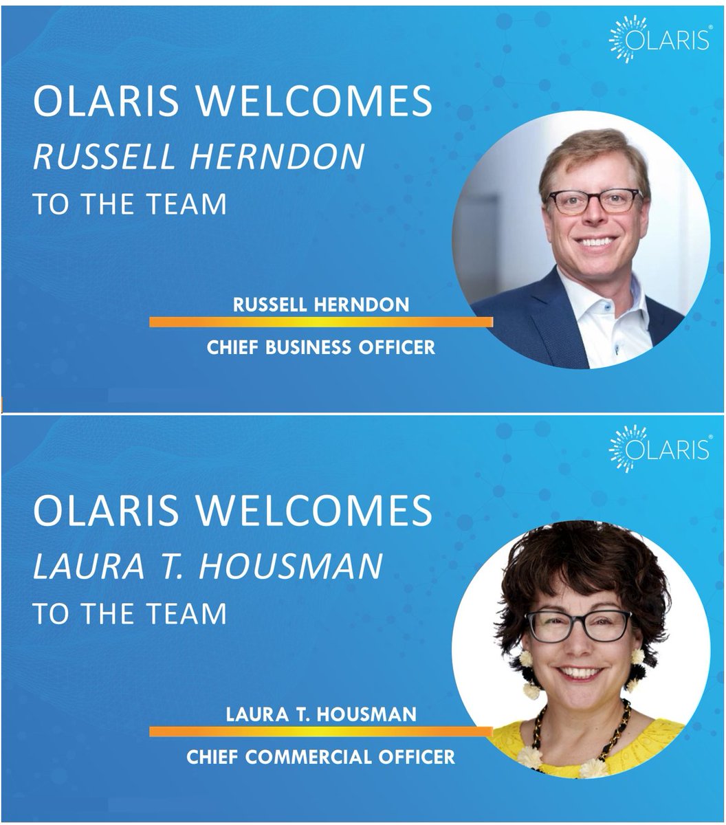 OlarisBoR's tweet photo. We are thrilled to announce the appointment of two new amazing leaders - @Russ0817 and @LauraHousman - to our leadership team at Olaris. The experience and skills these two bring to our team is unparalleled, and we're so excited about where we're going! https://t.co/RMDEpGqeXr https://t.co/X6adZL7OT5