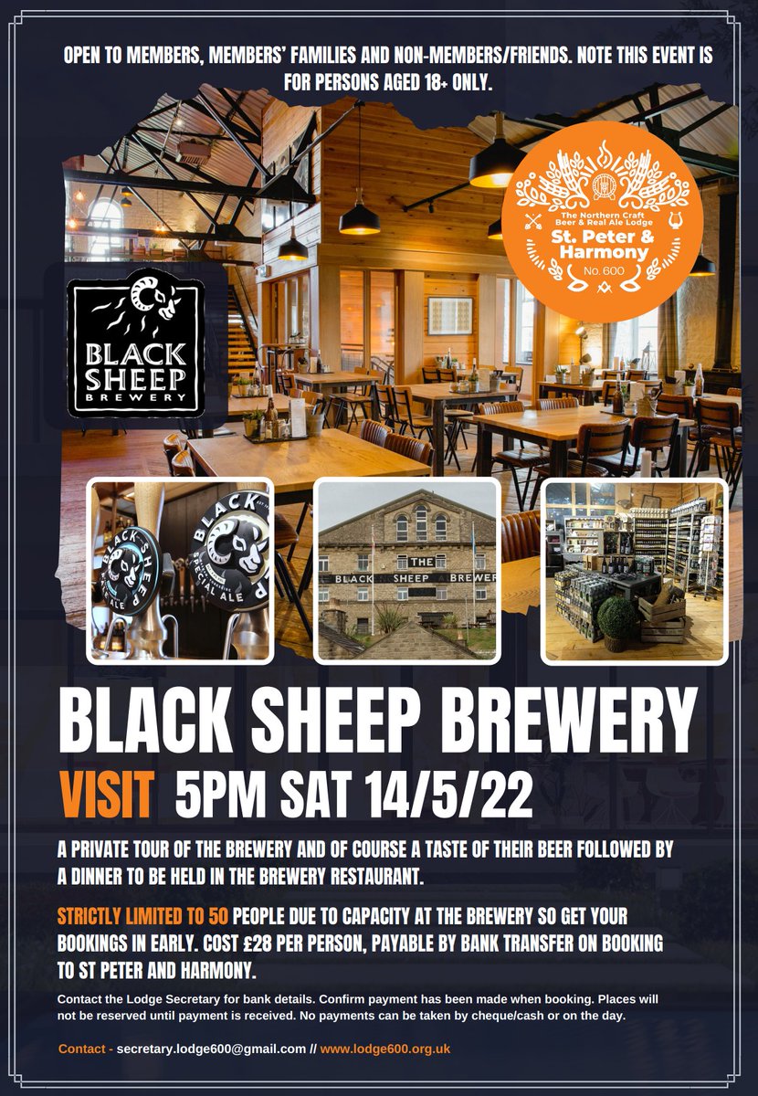 The Northern Craft Beer &amp; Real Ale focused Lodge <a href="/Lodge600/">The Northern Craft Beer and Real Ale Lodge No. 600</a> is holding its next Social Event on Saturday 14th May 2022 as per the flyer below. Numbers are limited so please book in early to secure a place and receive the menu for you and your guests to choose from 🍻🐑