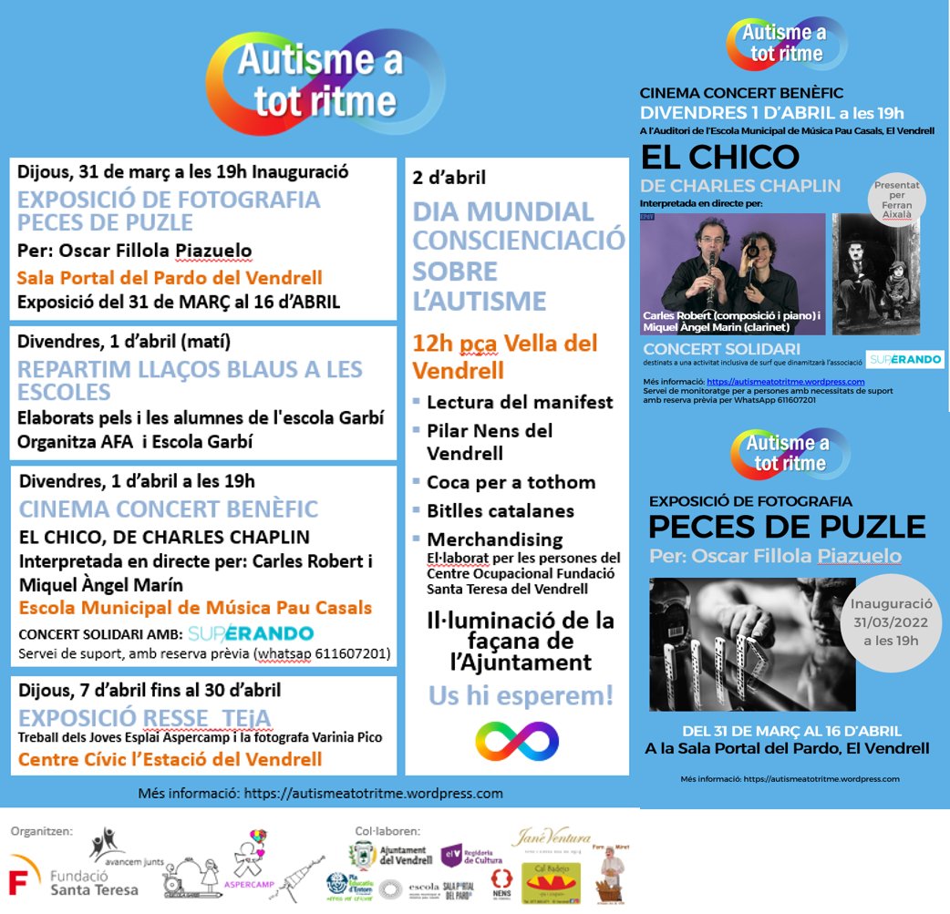 FundalisTGN's tweet photo. El 31 de març iniciem els actes d’ #Autismeabonritme, i que culminarà el #2dabril #DiaMundialdelAutisme, fruit d'un treball comú d'@AvancemJunts_bp
@aspercamp #fundaciosantateresa @ceegarbi i el suport d' @elvendrell_cat @CulturaVendrell @superandobcn
👉https://t.co/N3ZWcGqhWf https://t.co/TuHbJRqbXZ