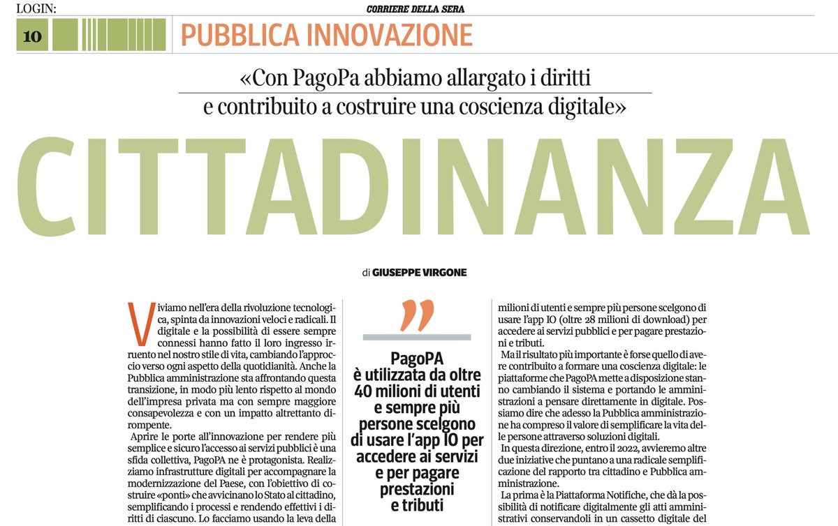 LaMercandalli's tweet photo. Oggi sul @CorriereLOGIN il CEO di @PagoPA @giuvir1999 racconta di una «cittadinanza aumentata», che grazie al digitale amplia i suoi confini, allarga i diritti e le possibilità di accedervi. Una frontiera di opportunità inesauribili, neppure immaginabili senza la tecnologia. https://t.co/mFEownq6zX