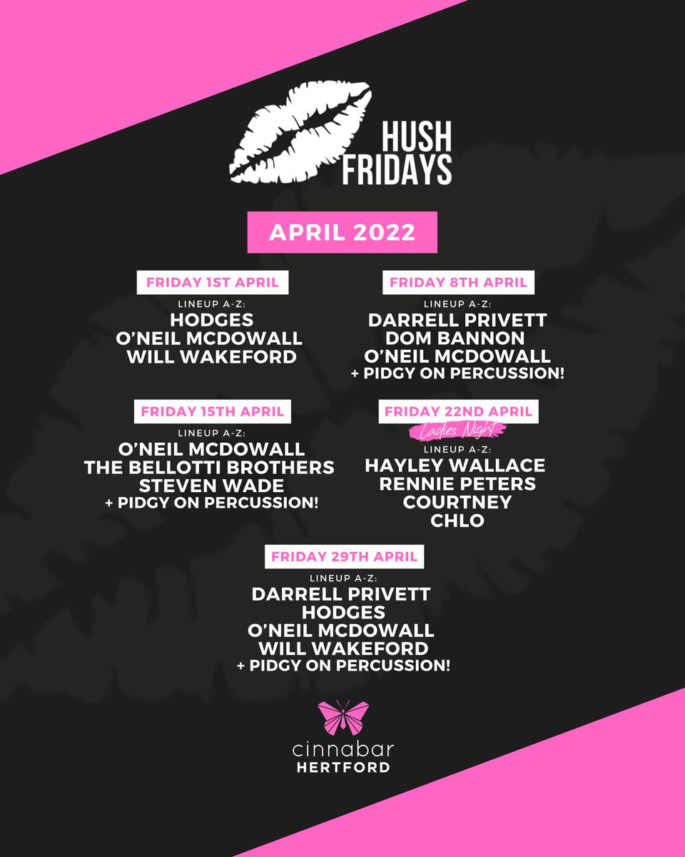 Looking forward to a BIG month of Hush Fridays at <a href="/CinnabarHrtford/">Cinnabar Hertford</a> this April! 💃

5️⃣ huge Friday nights coming up with some brand new faces joining us! 🔥

VIP Tables + Birthdays: DM us now! 🍾