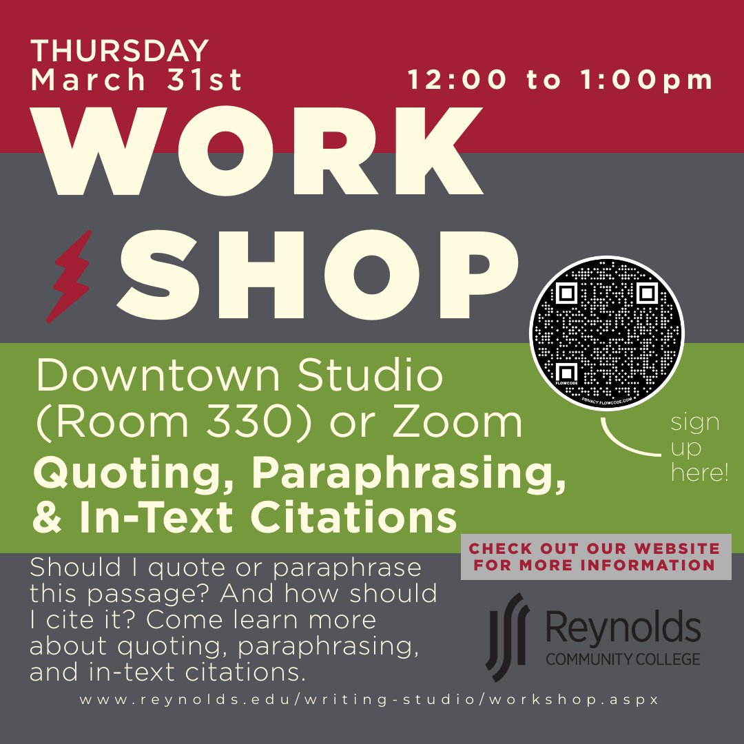 WritingReynolds's tweet photo. Check out our Writing Workshop this week--it's perfect for students who'd like to brush up on incorporating sources into their writing. #createconsultcompose #reynoldswritingstudio #reynoldscommunitycollege
https://t.co/ieTJpd5WmL https://t.co/KlWu5BiuVq