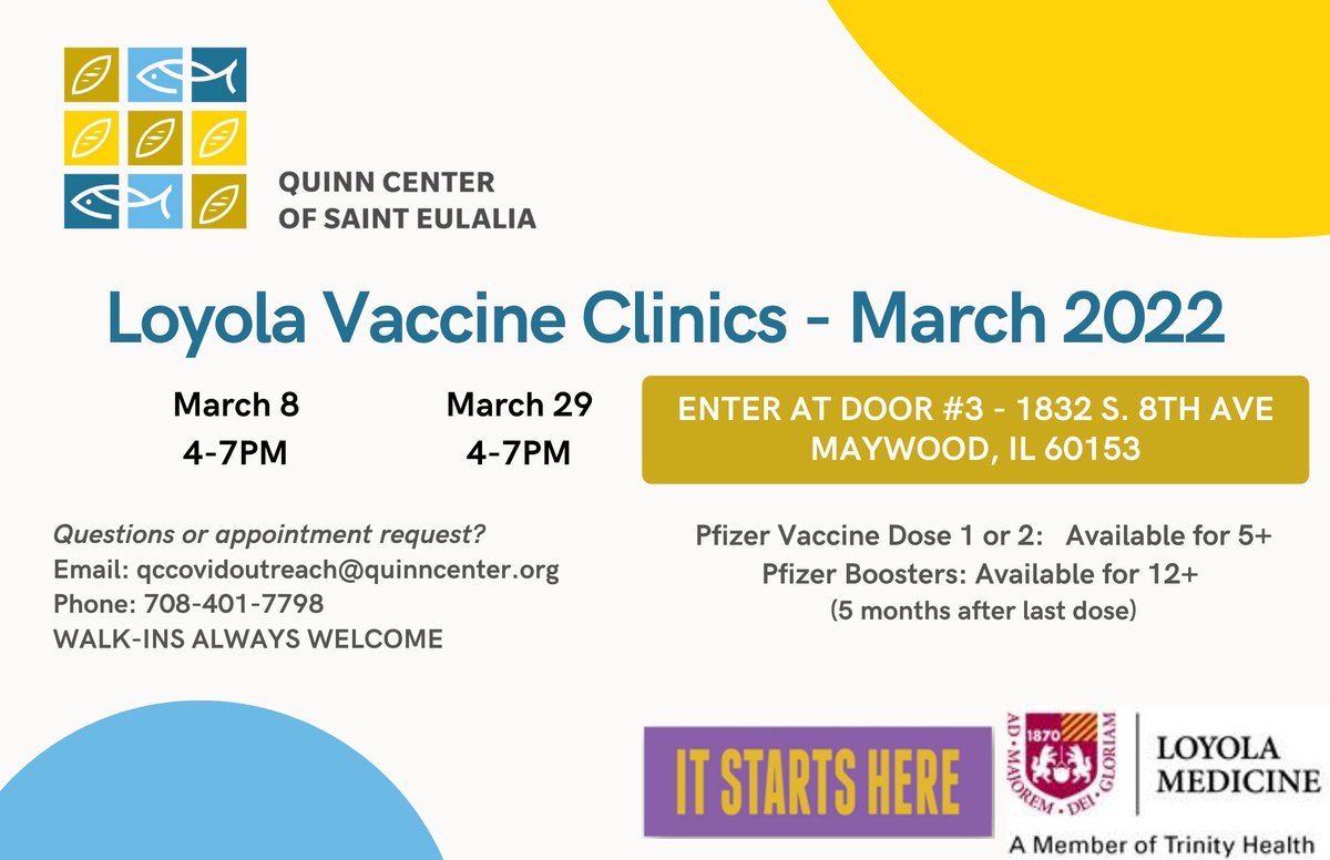 CookCoHealth's tweet photo. TOMORROW! March 29th, a Loyola Vaccine Clinic is being held at the Quinn Center of  Saint Eulalia, 1832 S. 8th Avenue, Maywood, IL from 4p.m.-7p.m.

1st, 2nd and booster doses will be available. 

Walk-ins Welcome! https://t.co/BgozpgDCBa
