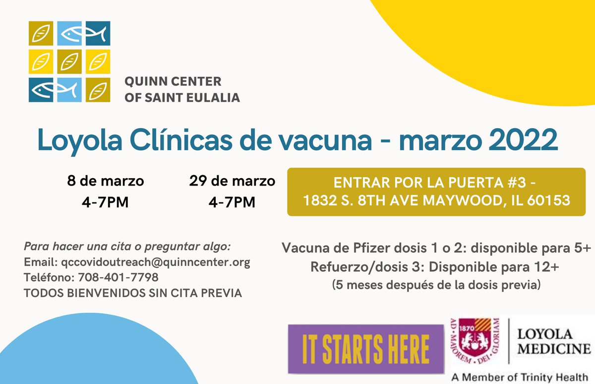 CookCoHealth's tweet photo. TOMORROW! March 29th, a Loyola Vaccine Clinic is being held at the Quinn Center of  Saint Eulalia, 1832 S. 8th Avenue, Maywood, IL from 4p.m.-7p.m.

1st, 2nd and booster doses will be available. 

Walk-ins Welcome! https://t.co/BgozpgDCBa