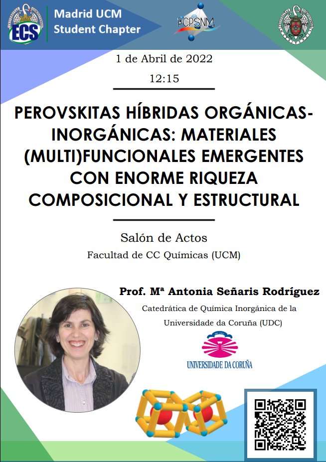 ucm_ecs_chapter's tweet image. ¿Conoces las &quot;perovskiñas&quot; y sus propiedades barocalóricas? 
¡Acercate a conocerlas!

🎙️Prof. María Antonia Señaris
🗓️01/04/2022
🕓12:15 AM
📍🗺️ Salón de actos, Facultad CC Químicas, UCM

¡Consulta más info en nuestra web!

#PCPSNM @quimicasUCM @DAvilaBrande @RSEQ_STMadrid