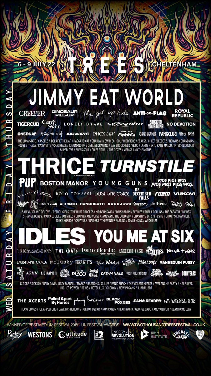 See you at <a href="/2000trees/">2000trees Festival</a> 2022!

Over the moon to be along side this incredible line up, ft <a href="/jimmyeatworld/">Jimmy Eat World</a> , <a href="/TURNSTILEHC/">TURNSTILE</a> , <a href="/youmeatsix/">You Me At Six</a> , <a href="/Thrice/">THRICE</a> , <a href="/idlesband/">I D L E S</a> and so many more! 🖤

Get your tickets now,
twothousandtreesfestival.co.uk/tickets/