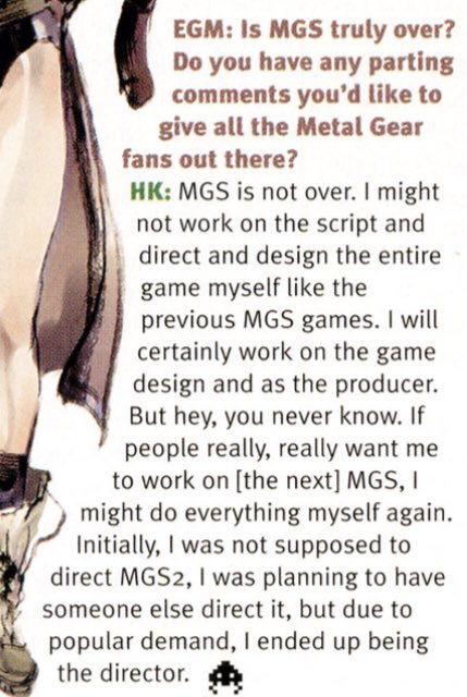BadHumans's tweet photo. EGM 151 (2002) Hideo Kojima Interview: Removing the FAMAS due to continuity, the cellphone was to confuse players thinking they were taking damage when it vibrated, unused Decoy Balloons, Omitting an Ocelot encounter to get your blood to boil, Wasn't suppose to direct MGS2 &amp; more https://t.co/WrUPGGlxFP