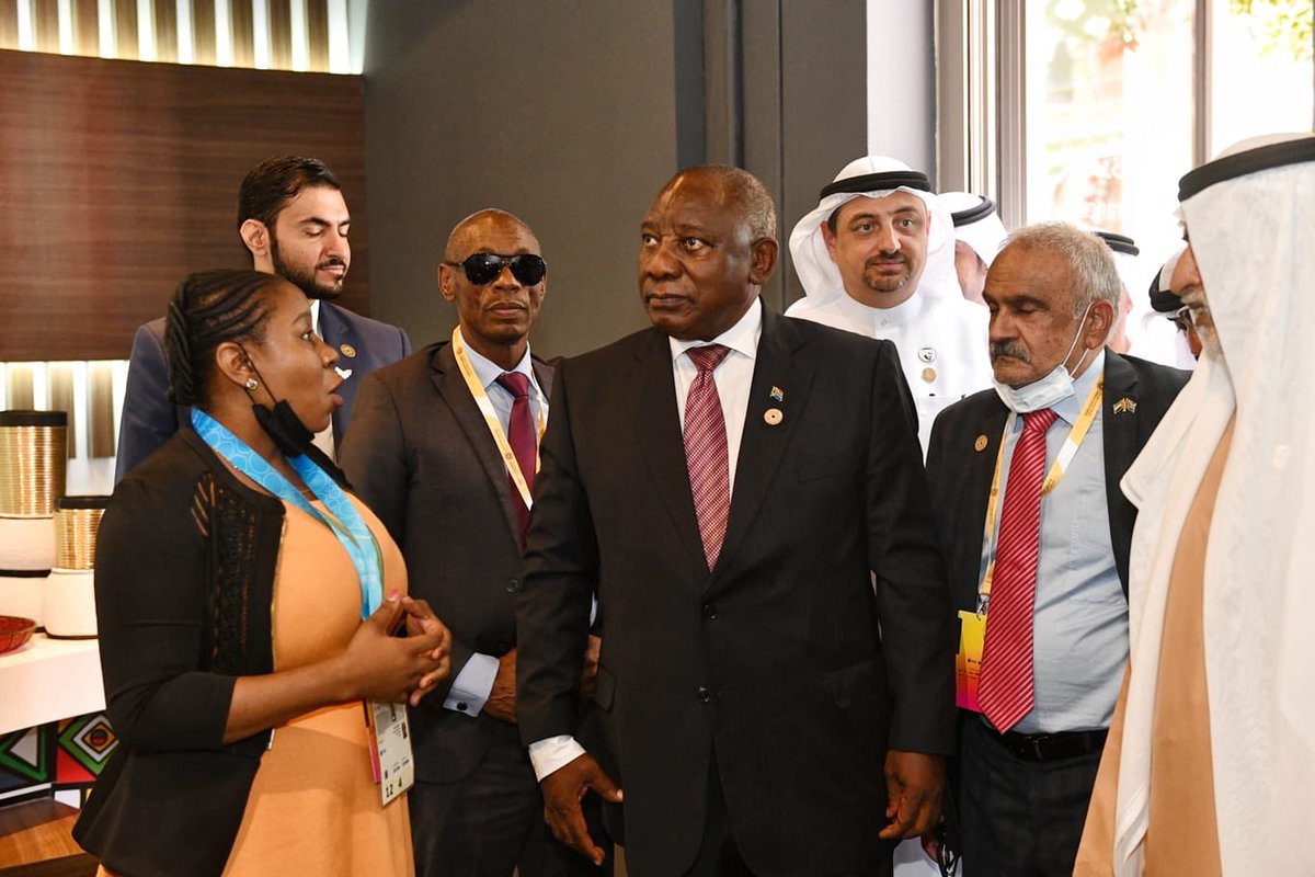 PresidencyZA's tweet photo. [PHOTOS]: His Excellency President @CyrilRamaphosa on a guided tour of the South African Pavillion at the Dubai EXPO Site in the United Arab Emirates. 
 
#SouthAfricaDay #Expo2020Dubai https://t.co/XTuR6aEtpv