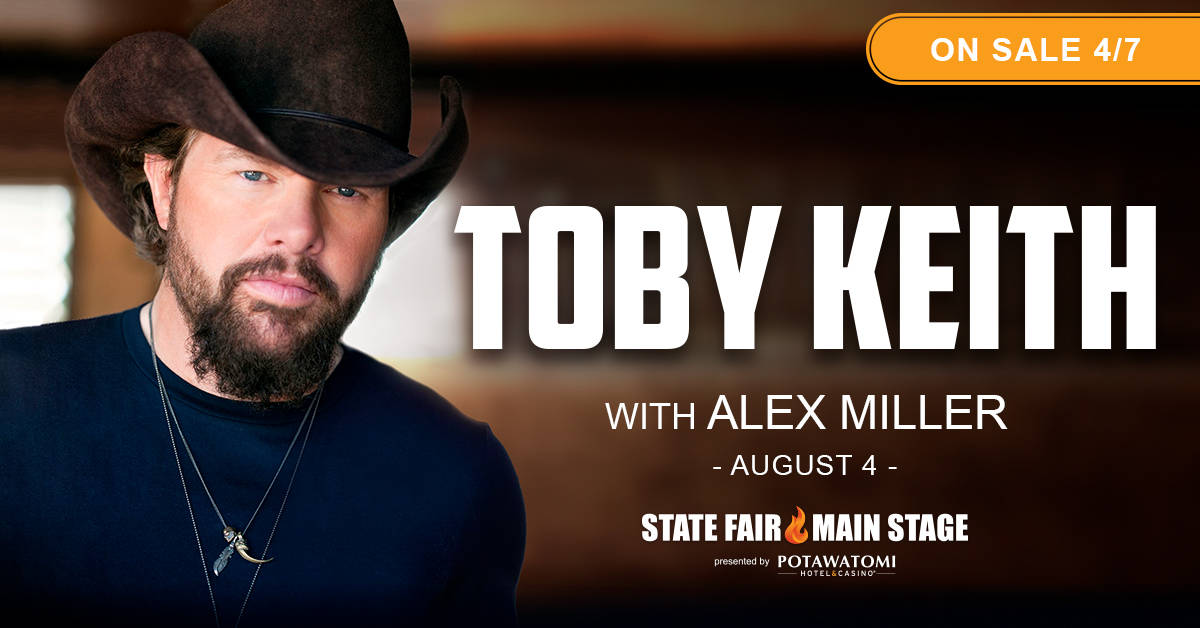 wistatefair's tweet photo. BIG NEWS: Grab your "Baddest Boots!" @tobykeith with @amillermusic_ will perform on August 4 at the Main Stage, presented by @paysbig! Tickets on sale April 7. https://t.co/2HxGm5ypFU