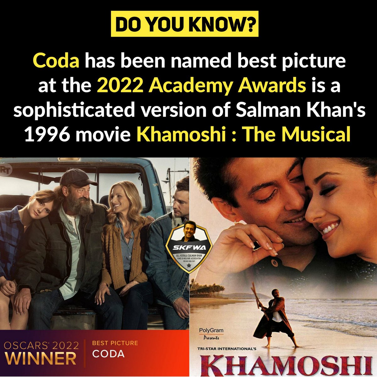 arshi_salman's tweet photo. Proud moment 4r Salmaniacs d #BestPicture  in  #Oscars2022  - #CODA  iz  a sophisticated version of #SalmanKhan starer #Kamoshi (1996) in itz simplicity . D impact of  kamoshi iz dat deep hence tym proves it . https://t.co/lwARiv6A8M