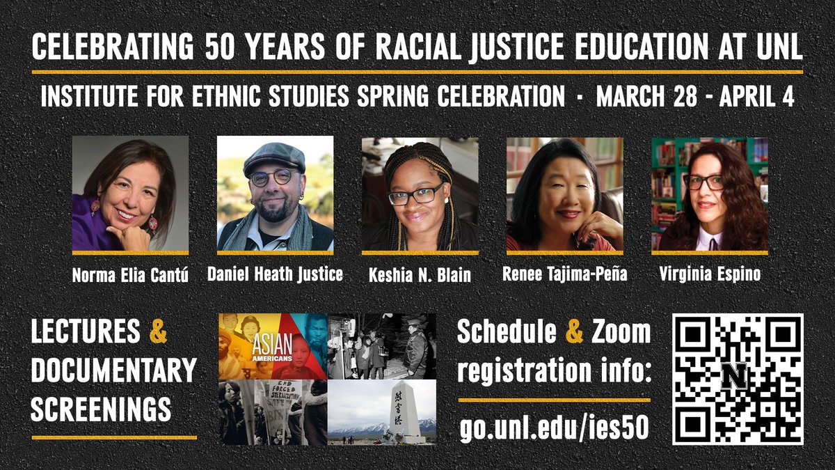 Join <a href="/UNLEthnicStu/">Ethnic Studies</a> for a celebration of 50 years of racial justice education—starting today at 4 p.m.!

✔️ 5 speakers
✔️ 8 documentaries
✔️ Free and open to the public

go.unl.edu/ies50
<a href="/normaelia/">Norma Elia Cantu</a> <a href="/KeishaBlain/">Dr. Keisha N. Blain</a> @rtajima <a href="/VirgiEspino/">Virginia Rose Espino</a>