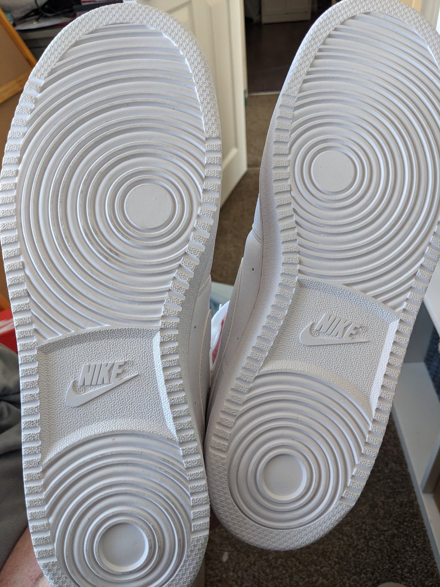 AlexSpaced's tweet photo. @SportsDirectUK really disappointed with my delivery today. It should've arrived yesterday (paid extra for next day) and it appears these trainers have been worn already. Scuffed, dirty lining, dried bogey. The box (damaged) even has remanence of an old delivery note. https://t.co/Bamc8nCRwG