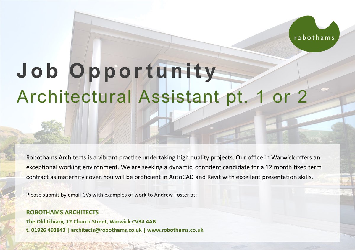 Exciting opportunity to work with the whole team <a href="/Robothams/">Robothams Architects</a> - get in touch if you are interested. #recruitment #opportunity #architects