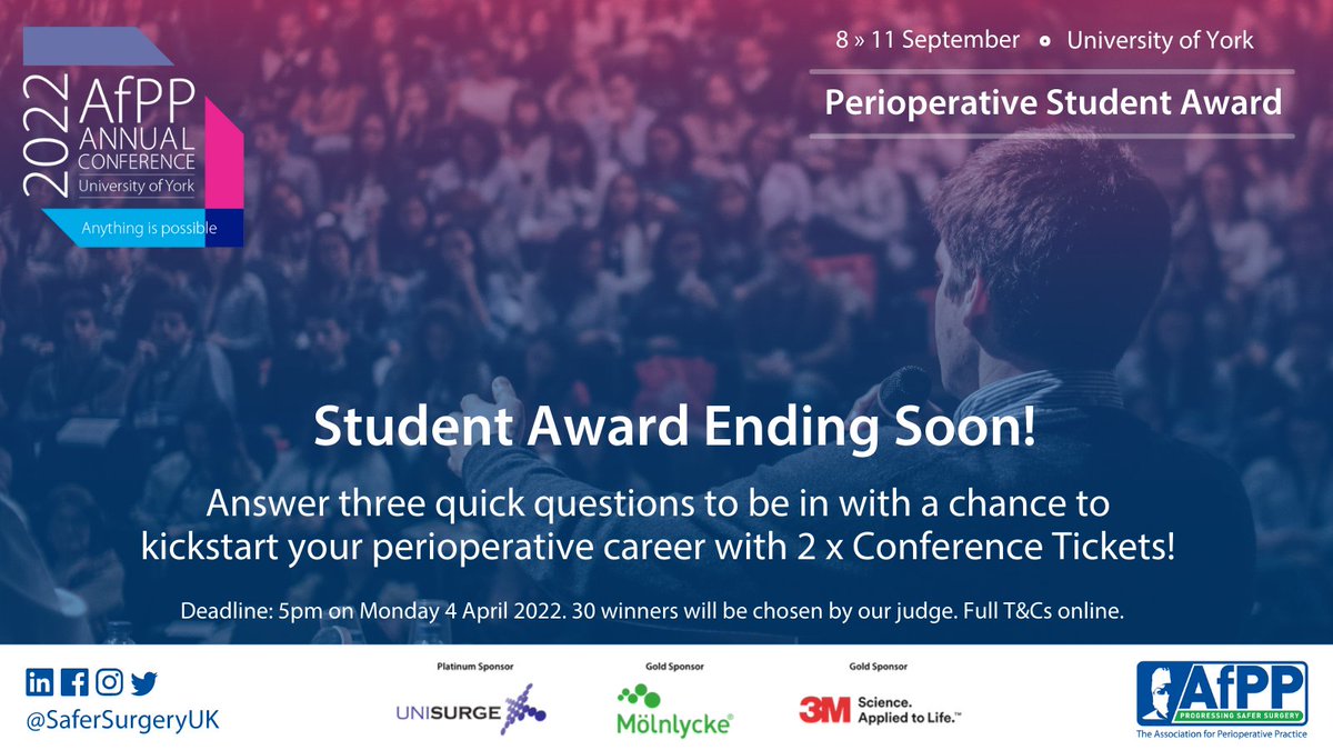 SaferSurgeryUK's tweet image. 📣 Calling all Students! 📣

There's only a week left to apply for our Perioperative Student Award!

You just need to answer 3 short questions and you're in with a chance to win 2x #AfPPConf2022 tickets for you and a friend!

👇

surveymonkey.co.uk/r/R7QSRC9

#StudentODP #StudentNurse