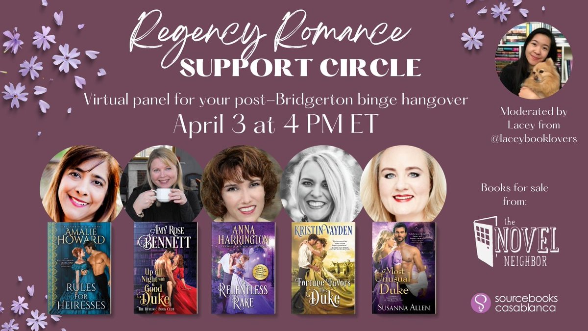 Sourcebooks Casablanca (@sourcebookscasa) on Twitter photo Join authors <a href="/AmalieHoward/">Amalie Howard</a>, <a href="/AmyRoseBennett/">Amy Rose Bennett</a>, @AHarrington2875, <a href="/KristinVayden/">Kristin VD</a>, & <a href="/SusannaAWriter/">Susanna Allen</a> to discuss all things Regency romance! <a href="/laceybooklovers/">Lacey🌸</a> will moderate the conversation on April 3 at 4PM ET, books for sale from <a href="/novelneighbor/">The Novel Neighbor</a>
RSVP for free: bit.ly/3qJrNId Join authors <a href="/AmalieHoward/">Amalie Howard</a>, <a href="/AmyRoseBennett/">Amy Rose Bennett</a>, @AHarrington2875, <a href="/KristinVayden/">Kristin VD</a>, & <a href="/SusannaAWriter/">Susanna Allen</a> to discuss all things Regency romance! <a href="/laceybooklovers/">Lacey🌸</a> will moderate the conversation on April 3 at 4PM ET, books for sale from <a href="/novelneighbor/">The Novel Neighbor</a>
RSVP for free: bit.ly/3qJrNId