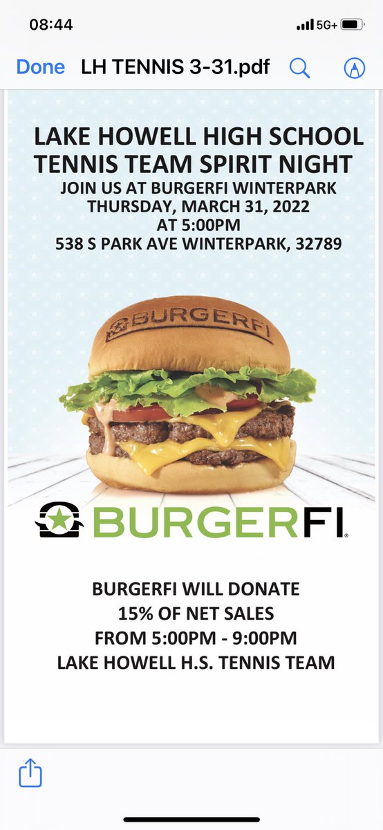 Tennis Schedule - week of 3/28
Mon - Practice 
Tue - @ Lake Brantley 
Wed - vs Lyman @ Red Bug
Thur - practice and fundraiser @ Burger-Fi, Winter Park