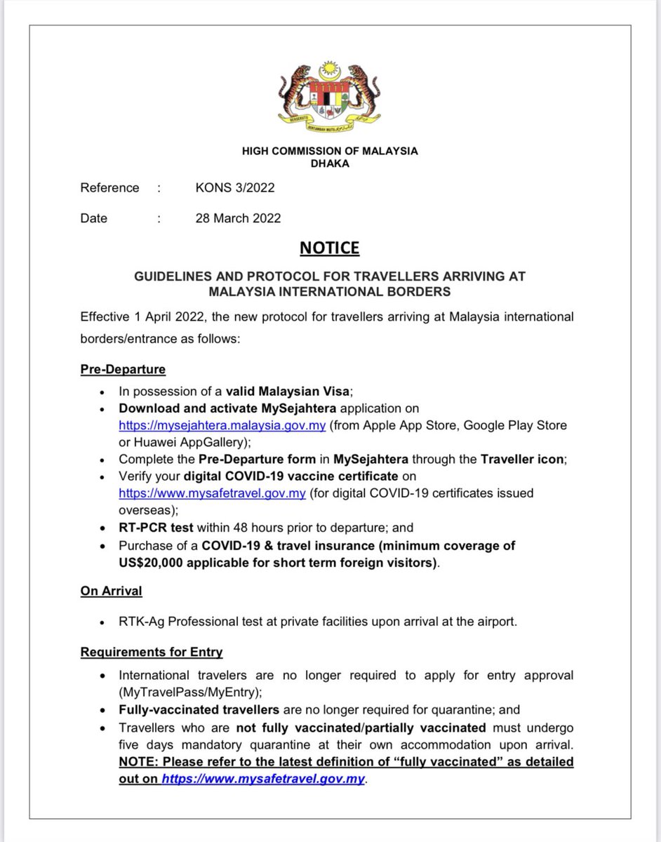 MYHCDhaka's tweet photo. NOTICE ON GUIDELINES AND PROTOCOL FOR TRAVELLERS ARRIVING AT MALAYSIA INTERNATIONAL BORDERS https://t.co/yTi1mJsT59