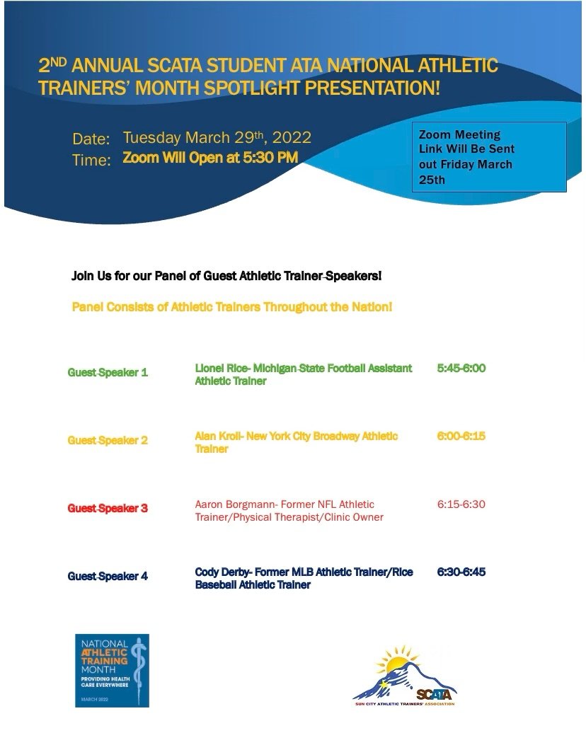 SunCityATA's tweet photo. Join SCATA Student Association tomorrow for their March meeting. This month features a great panel of guest speakers. 🗣️ https://t.co/JMVuQjbajB