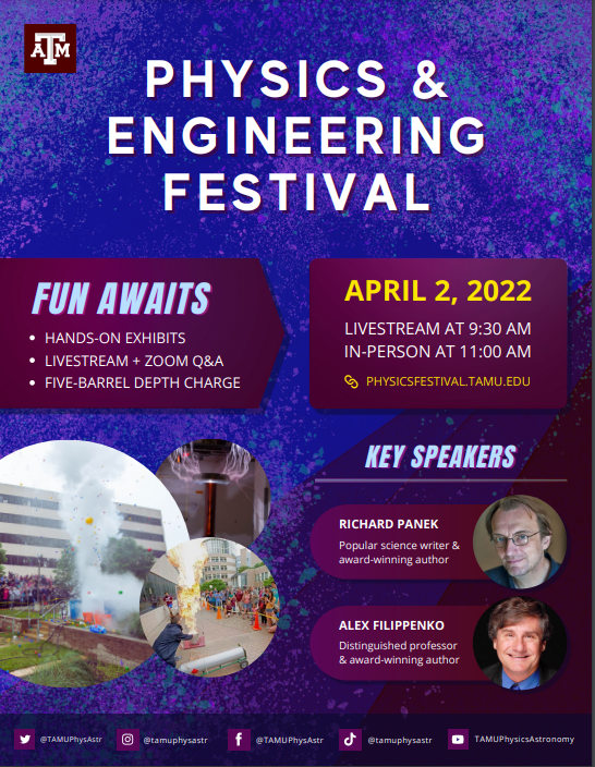 TAMUReCENT's tweet photo. Texas A&amp;M University will be hosting a chance to experience the many wonders of science and technology at the 2022 Physics Engineering Festival. This FREE event will take place from 9:30 a.m. to 4:00 p.m. on April 2nd.

View for more information: https://t.co/XJV19eFDQO

#STEM https://t.co/b7sel549hR