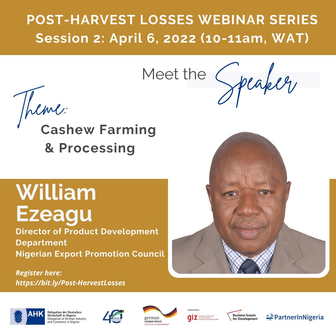 AhkNigeria's tweet photo. Register for our upcoming webinar on Cashew Farming & processing! This year we are focusing on post-harvest losses.
Date: Wednesday, April 6th, 2022
Time: 10:00 am - 11:00 am (WAT)
Visit https://t.co/DcWl2hxk7T to register.
#PartnerInNigeria #PartnerforAgribusiness https://t.co/pPCh1s1TCj