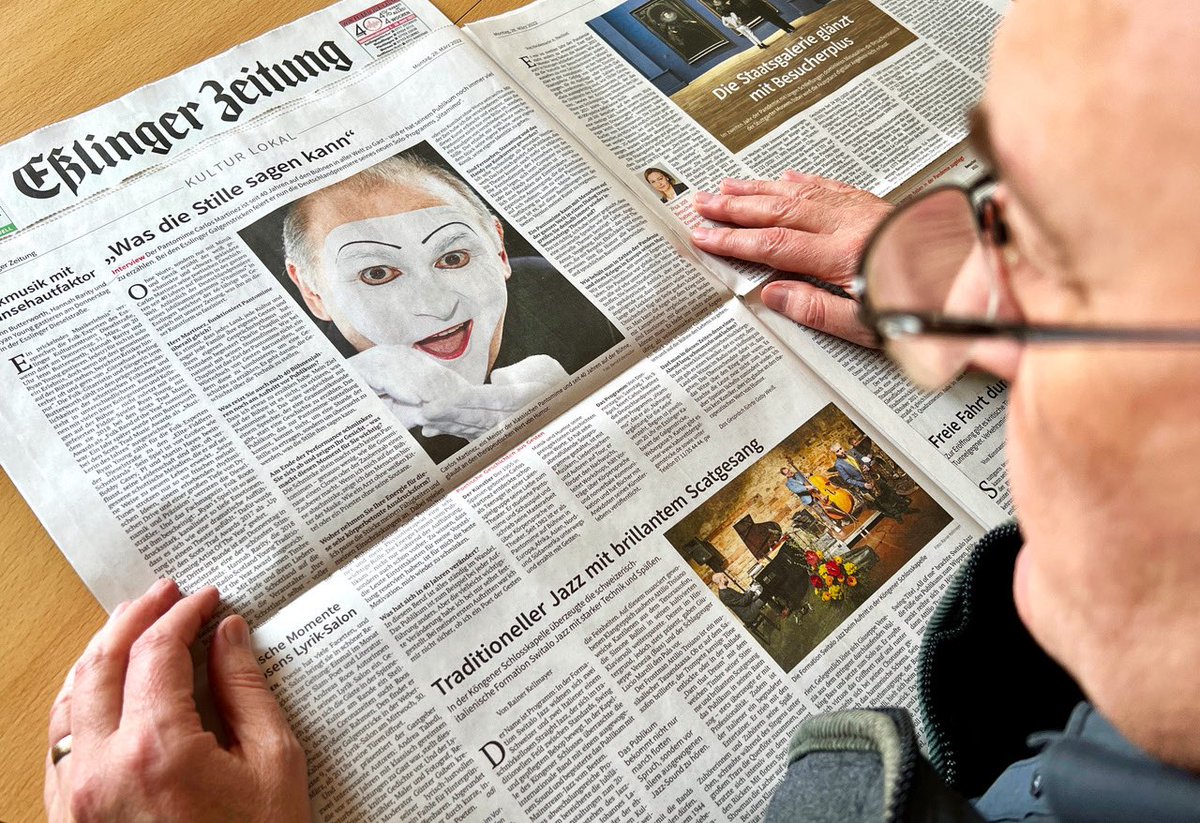 carlosmime's tweet photo. Danke an Gaby Weiß für das wunderbare Interview. Heute in der Eßlinger Zeitung!
#bühnenjubiläum #pantomime #CarlosMartínez #vitamimo #galgenstricke #esslingenamneckar #deutschlandpremiere https://t.co/meXTonGJW8