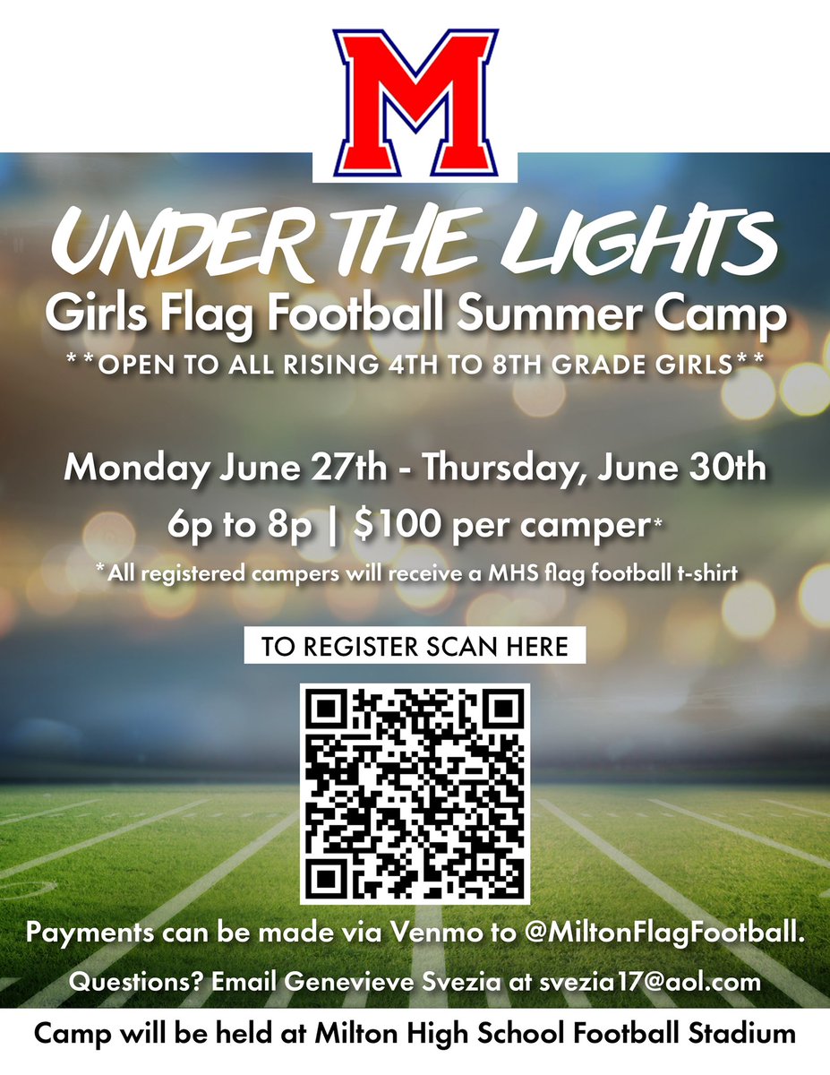 UNDER THE LIGHTS: Girls Flag Football Summer Camp! Open to all rising 4th to 8th grade girls. Register now! <a href="/MiltonHighSch/">Milton High School</a> @Milton_AD1 <a href="/CrabappleXES/">Crabapple Crossing </a> <a href="/elkinspointe/">Elkins Pointe MS</a> <a href="/SweetAppleES/">Sweet Apple Elem</a> <a href="/TheNMSWildcats/">Northwestern Middle School</a>