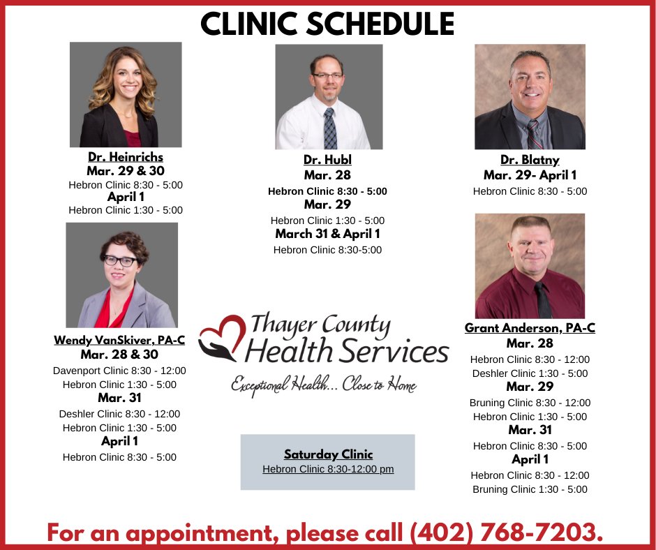 tchsne's tweet photo. The provider schedule the March 28-April 1.
Clinics are open twice a week in Bruning, Davenport, and Deshler. 
Have a great week! https://t.co/rhoXJ47JAt