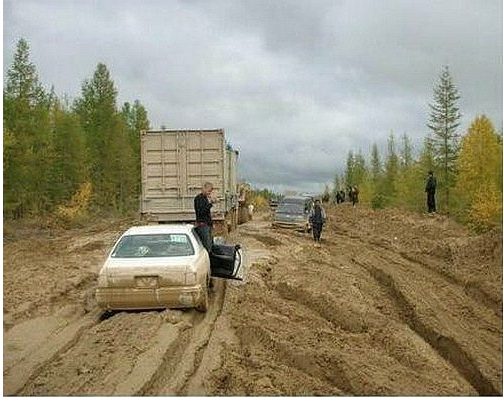 For those who continue to ask me about asphalt. Guys, this is the main road in diamant- and gas-rich Yakutsk region. Photos of cars stuck there after rains appear regularly. I understand that Moscow can be chic and cool, and you havn't seen anything else, but Russia is not Moscow