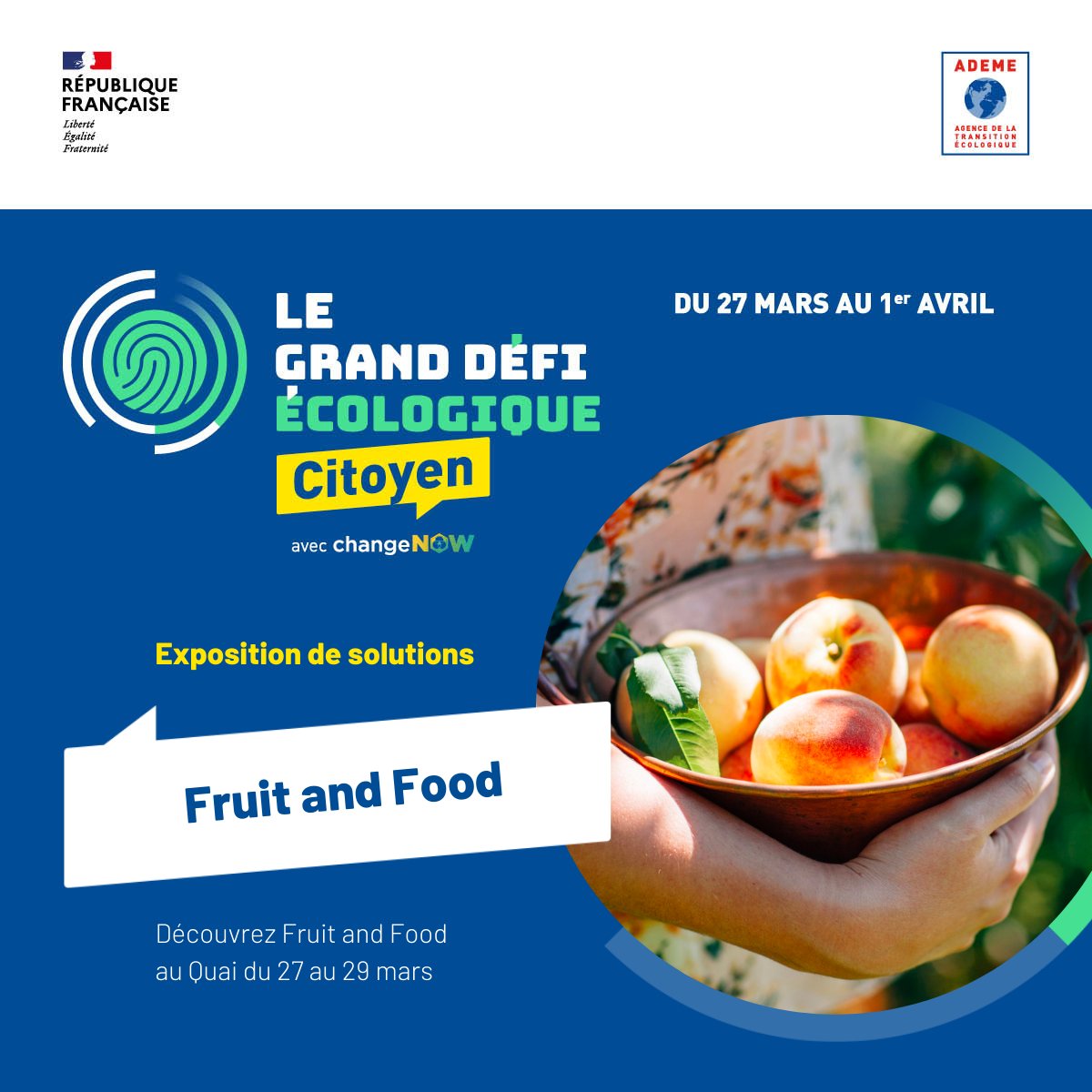 Jusqu'au 1er avril, Fruit and Food vous donne rdv à Angers au #GrandDéfiEcologique organisé par l’@ADEME et le @ChangeNow. Un moment fort pour échanger des idées, participer à des ateliers et découvrir des solutions pour s’engager en faveur du climat et de la biodiversité.