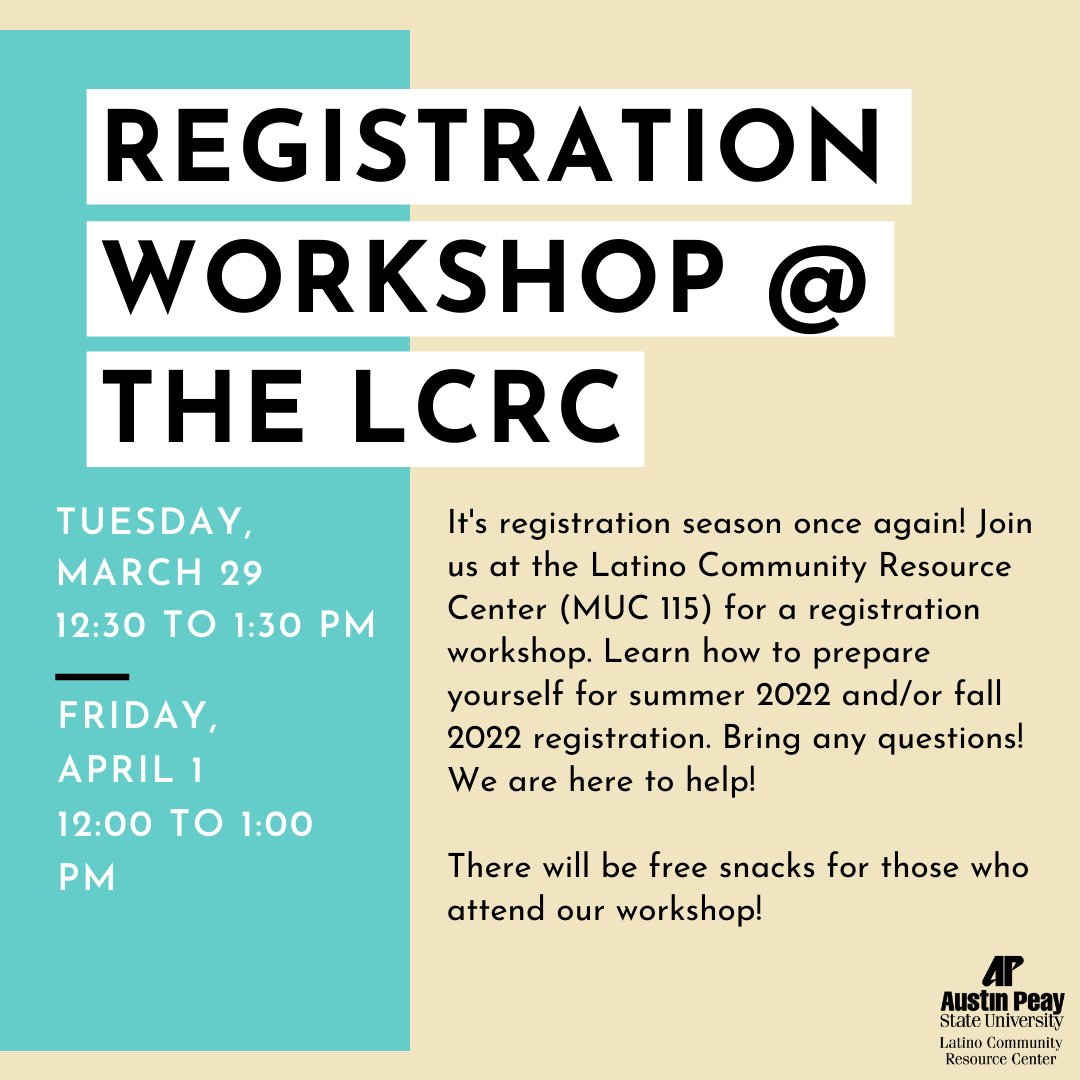 Registration for summer 2022 and fall 2022 is now OPEN for all students! Join us this week at our center (MUC 115) on Tuesday @ 12:30 PM and Thursday @ noon if you have questions about registration or need assistance. There will be free snacks!