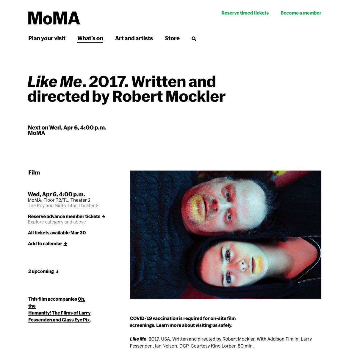 Like Me will screen at <a href="/MoMAFilm/">MoMA Film</a> as part of a Larry Fessenden &amp; @GlassEyePix retrospective! Plays April 6th &amp; 13th. I'll be there the 13th 

moma.org/calendar/event…