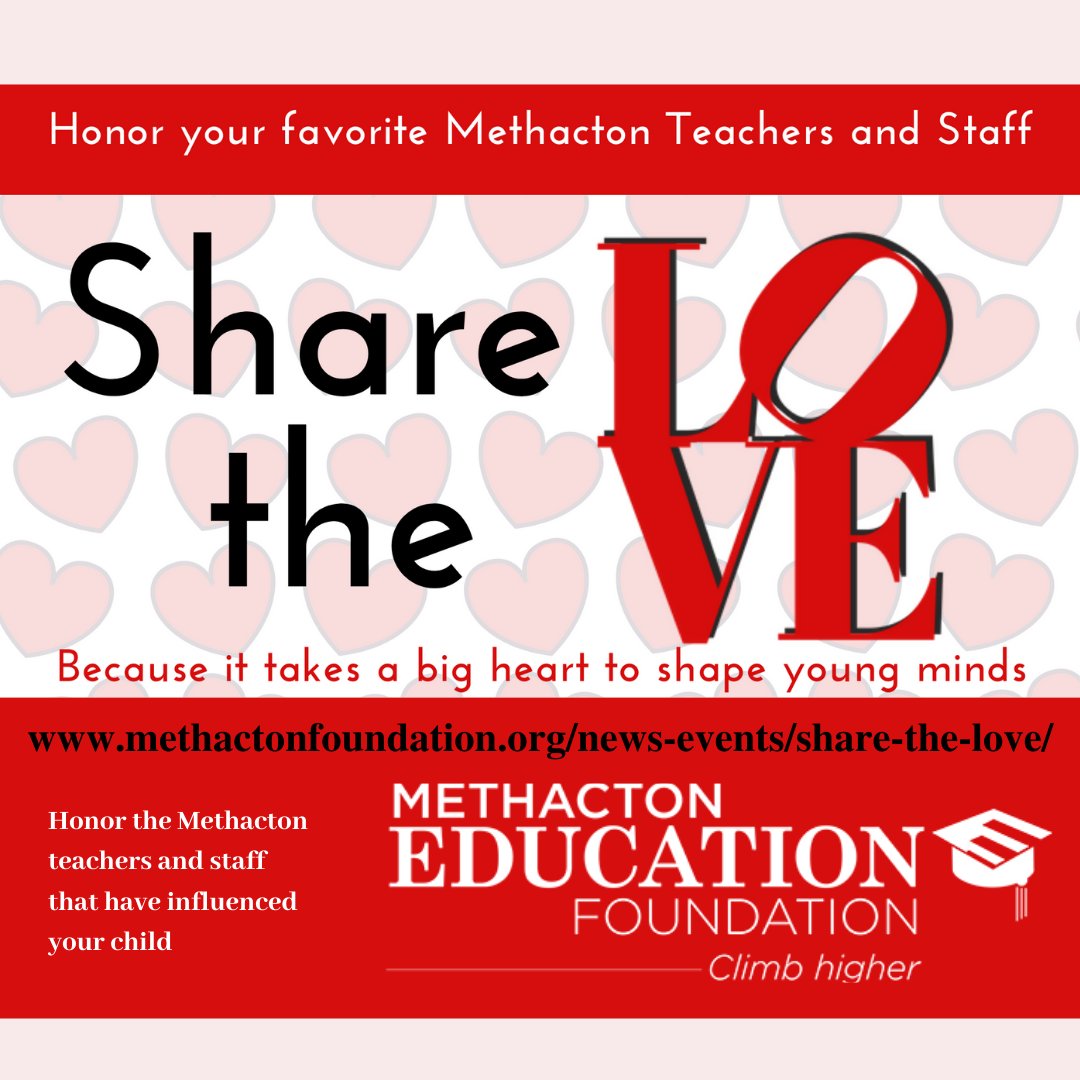#Methacton Staff Appreciation Week will be here soon! Show gratitude to your child's teacher with a #ShareTheLove certificate! Click here for more information: methactonfoundation.org/news-events/sh…

#MethactonEducationFoundation #WarriorPride #MSD #WeLoveMethactonStaff