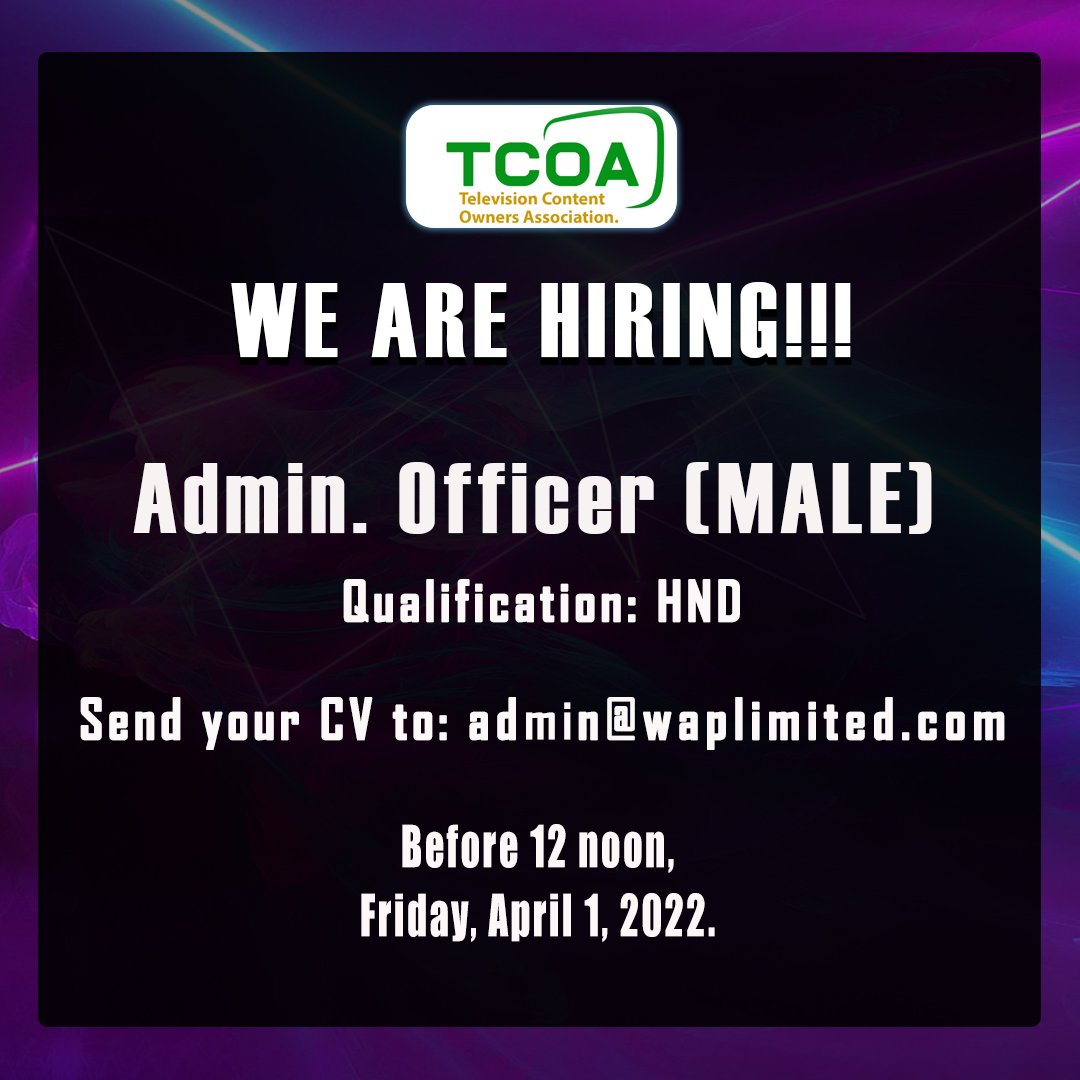 wap_tv's tweet photo. TCAO (Television Content Owners Association) is hiring!!!
Tag a male friend to see this.
#tcao #vacancyinlagos #vacancy #jobsinlagos #jobopening #HiringAlert https://t.co/KqpNqMoHhc