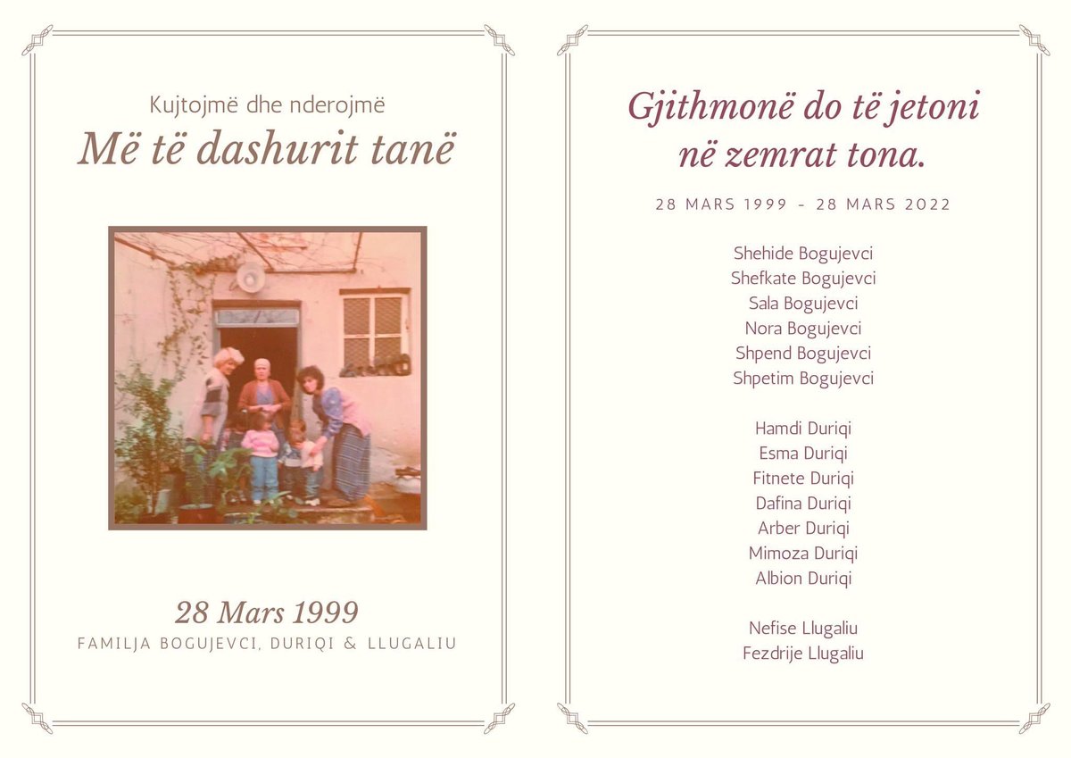 SaraBogujevci's tweet photo. On this day, 23 years ago, the Serbian army left me and my four cousins for dead, slumped among the corpses of 14 of our most loved ones - all women and children. Today we remember and honor their lives, whilst continuing to seek justice for all victims and survivors of war. https://t.co/UTgmqGraKW