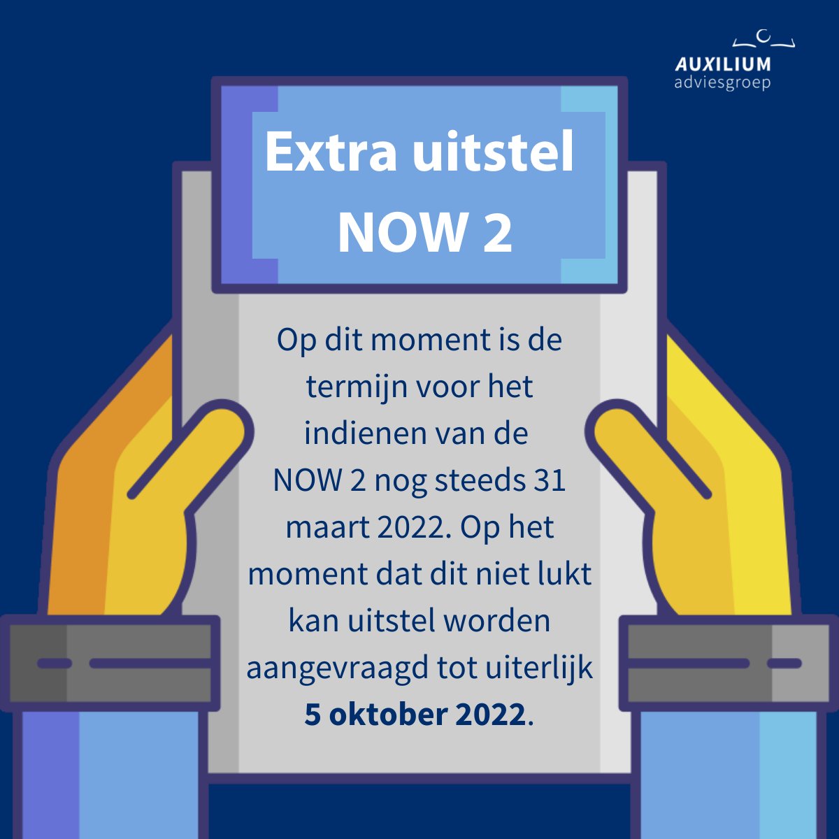 Extra uitstel #NOW2: uitstel aanvragen kan tot uiterlijk 5 oktober! Lees hier hoe u dit kunt doen: auxiliumadviesgroep.nl/blog/detail/ex…