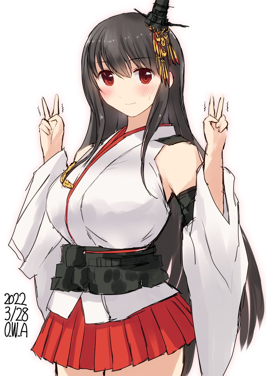 fusou (kancolle) 1girl solo long hair black hair red eyes skirt v  illustration images