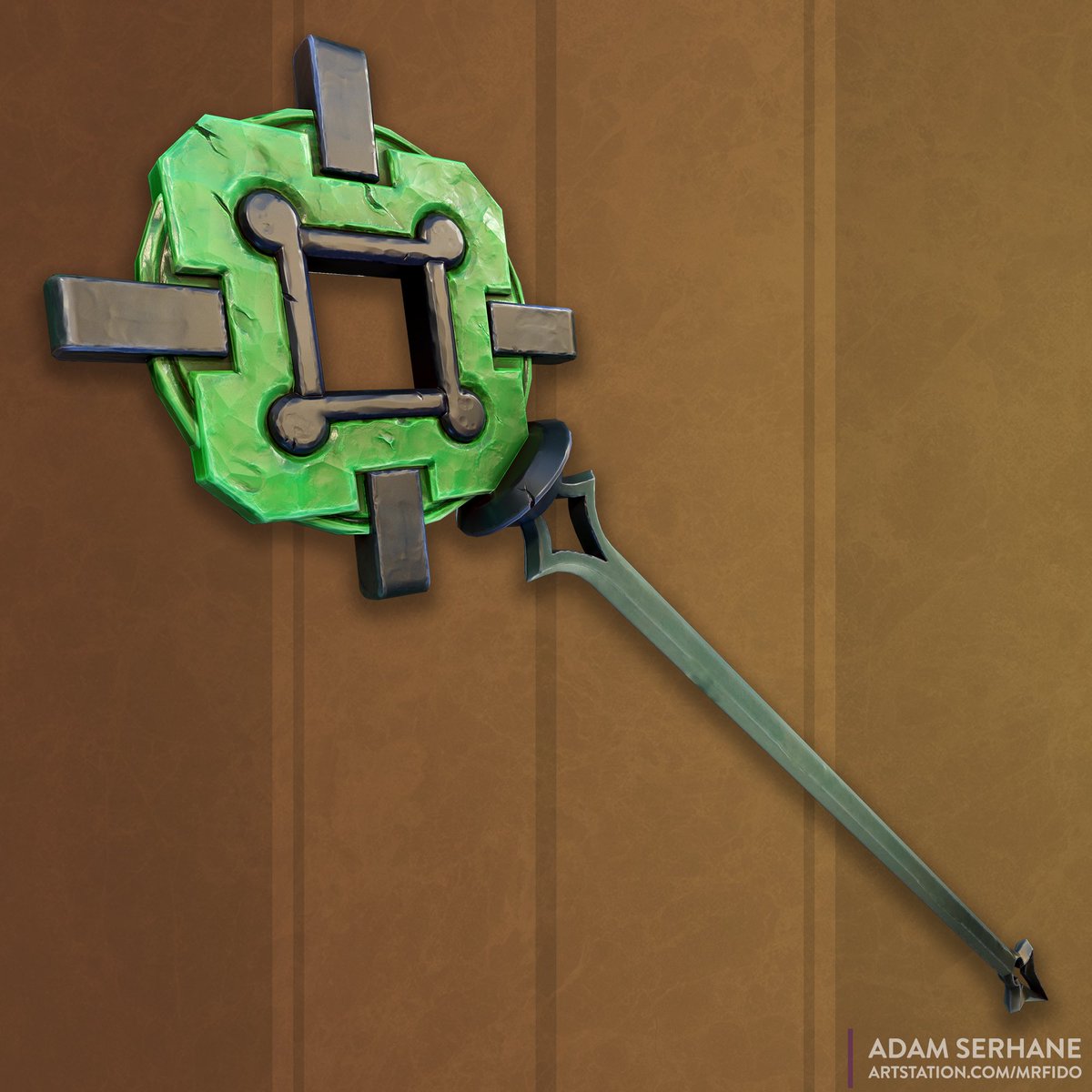 It’s been a bit. But was able to find some time to finish this old project. Happy to be back on the grind. 
#polycount #3d #3dart #3dmodeling #gameart #gamedev #prop #80lvl #adobe #maya #zbrush #stylized #stylizedart #lowpoly #jade #staff #fantasy #videogame #blender #indie