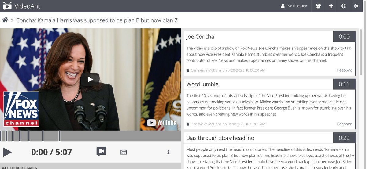 MrHuesken's tweet photo. Students in my #HonorsGov discuss bias in political media using clips from a number of political commentators & addressing examples of media bias in these clips using #VideoAnt from the @NorthwesternU https://t.co/KzfK8jzMC6