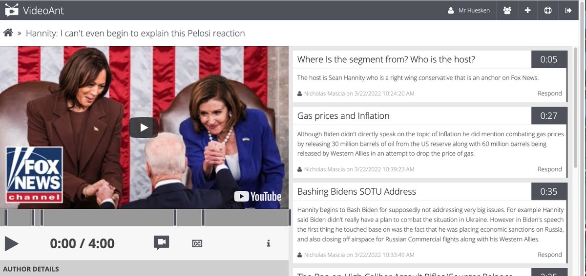 MrHuesken's tweet photo. Students in my #HonorsGov discuss bias in political media using clips from a number of political commentators & addressing examples of media bias in these clips using #VideoAnt from the @NorthwesternU https://t.co/KzfK8jzMC6