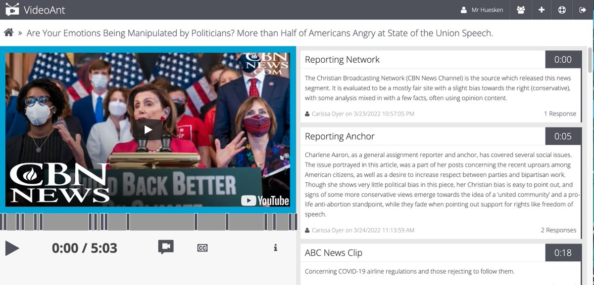 MrHuesken's tweet photo. Students in my #HonorsGov discuss bias in political media using clips from a number of political commentators & addressing examples of media bias in these clips using #VideoAnt from the @NorthwesternU https://t.co/KzfK8jzMC6
