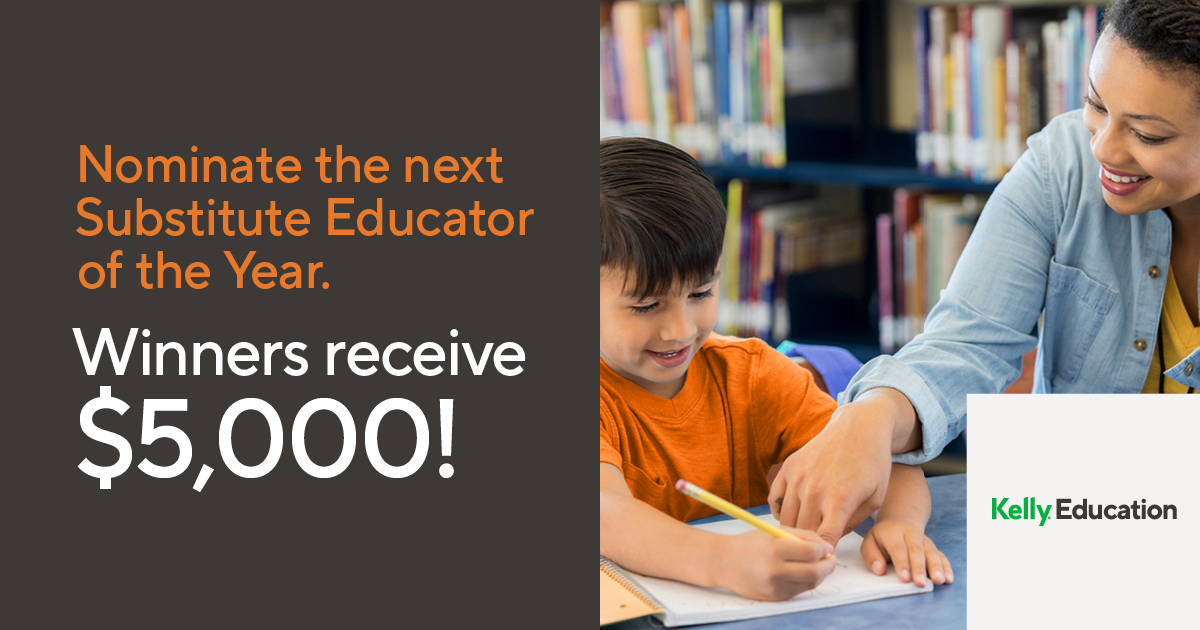 kellyeducation's tweet photo. One week left to nominate an outstanding Kelly Education substitute educator––teachers, paraeducators, and support staff are all eligible. Winners get $5,000, plus an extra $1,500 is donated to the school of their choice. Nominations  due April 4, 2022.

https://t.co/PK5WtaR78r https://t.co/WpJi8dlKF1