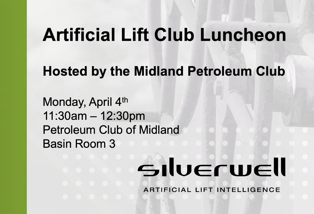 Hey Midland - Silverwell is sponsoring the next Artificial Lift Club Luncheon, hosted by the Midland Petroleum Club. RSVP today!

April 4th from 11:30 am to 12:30 pm

Discover our Permian Basin experience here: silverwellenergy.com/case-histories…

#Silverwell #GasLift #DIAL #OilandGas