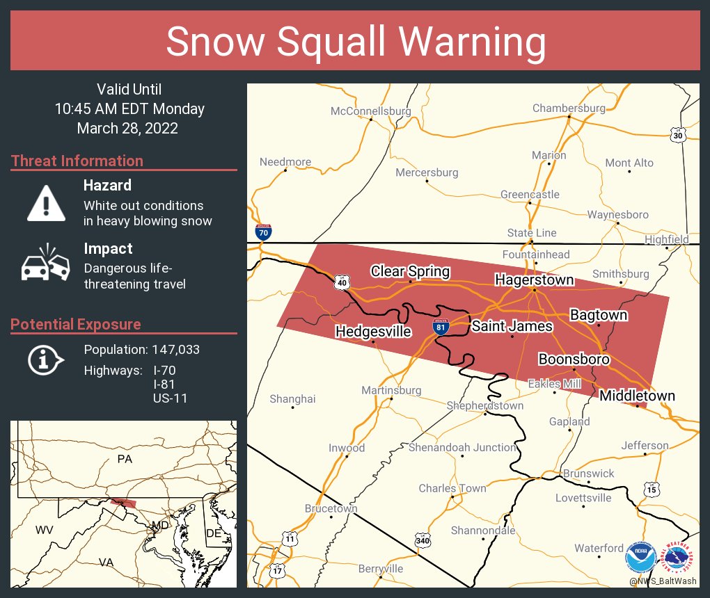 This graphic displays a snow squall warning plotted on a map. The warning is in effect until 10:45 AM EDT. The warning includes I-70 near Frederick, MD and I-70, I-81, US-11, US-40 near Hagerstown, MD--WV--PA.  White out conditions in heavy blowing snow are expected. These conditions are resulting in Dangerous life threatening travel.  There are 147,033 people in this warning along with highways I-70, I-81, US-11.