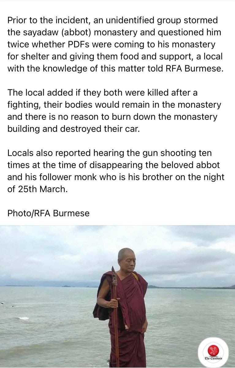 thandarsoesan's tweet photo. On Mar25, junta ruthlessly murdered a well-respected abbot &amp; a monk who was his follower in Kyaukpadaung Tsp, Mandalay, &amp; burned their bodies to the bone, burning the monastery &amp; his automobiles. #2022Mar28Coup  #HelpMyanmarIDPs  #WhatsHappeningInMyanmar https://t.co/VI05M1ZWAy
