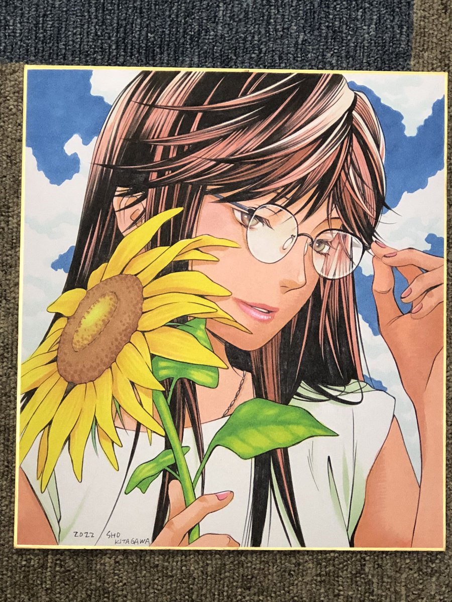1girl solo flower glasses sunflower long hair holding  illustration images