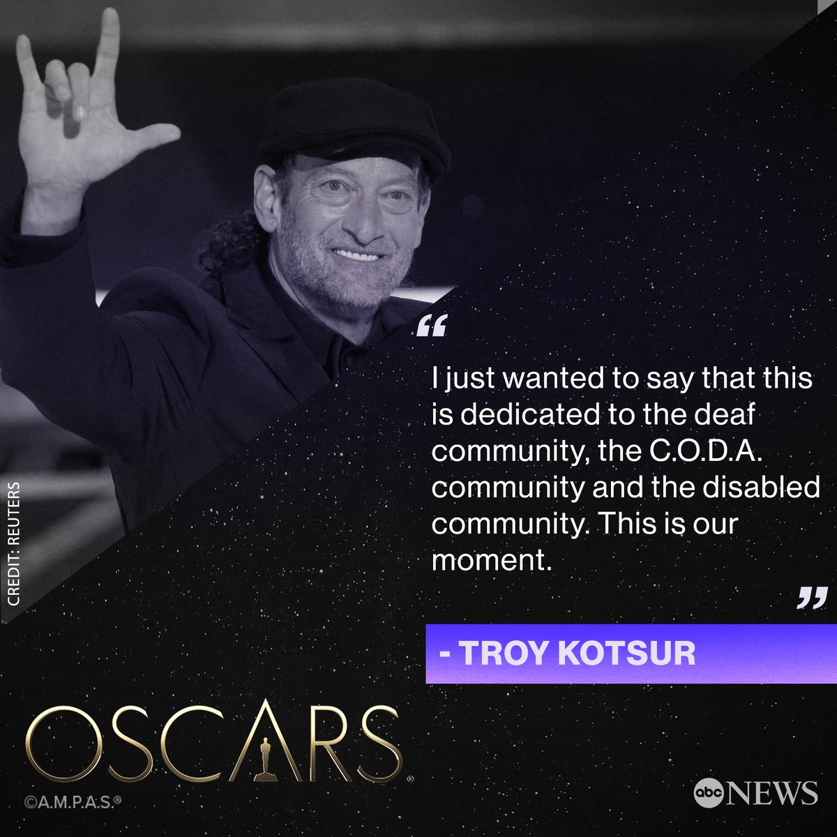 ABC's tweet photo. Troy Kotsur made history with his win at the 94th #Oscars. He won the best supporting actor Oscar for his performance in #Coda, and with his win, became the first deaf man to win an Academy Award for acting. https://t.co/i76YusGu93 https://t.co/U5U52iER0x
