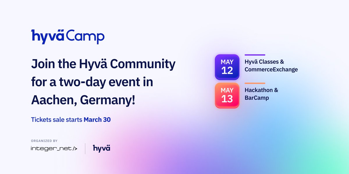 Announcing the first ever HyväCamp!

📍Aachen
📅May 12-13
🪑~50 seats

Program exists of:
- Hyvä Classes (deep dive tech topics)
- CommerceExchange (DexEchange but wider)
- Hackathon ( !== contribution day 😉)
- BarCamp ( == Unconference)

#hyva #magento #event #inperson