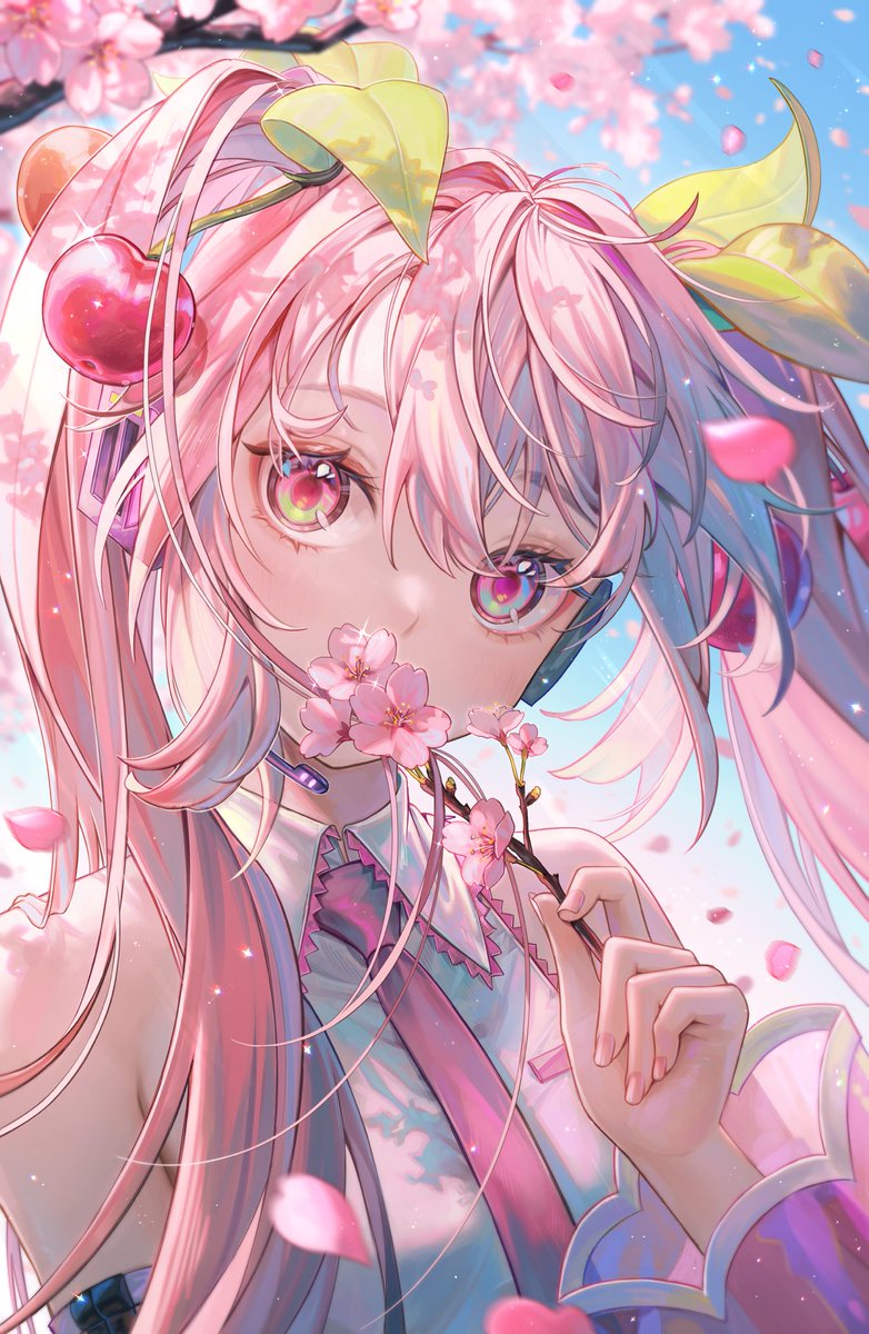hatsune miku ,sakura miku 1girl solo cherry blossoms pink hair long hair twintails detached sleeves  illustration images